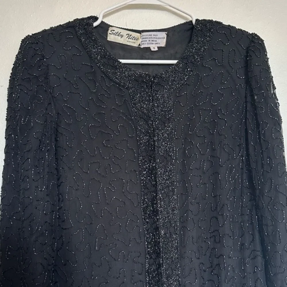 Vintage Silky Nites NY Beaded Pure Silk Blouse Jacket Small Formal Cocktail 90s